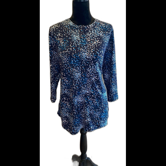 Croft & Barrow Blouse Sz Large Blue Dot Design Top 3/4 Sleeve + Stretch Stylish - Picture 2 of 10